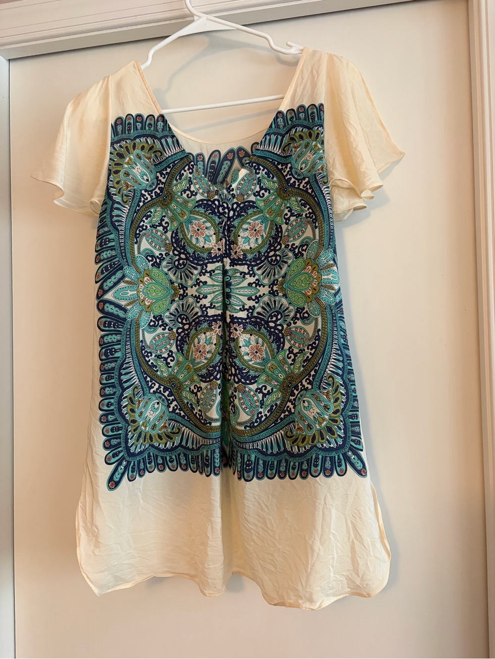 Maeve Cream Flutter Sleeve Top with Teal & Navy Medallion Print